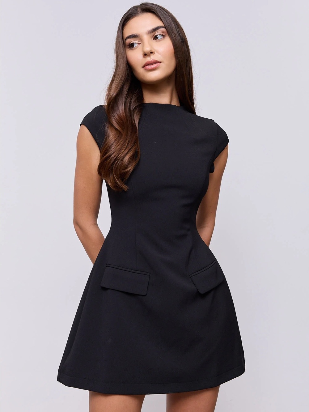 Cap-Sleeve Black A-Line Mini Dress with Flap Pockets